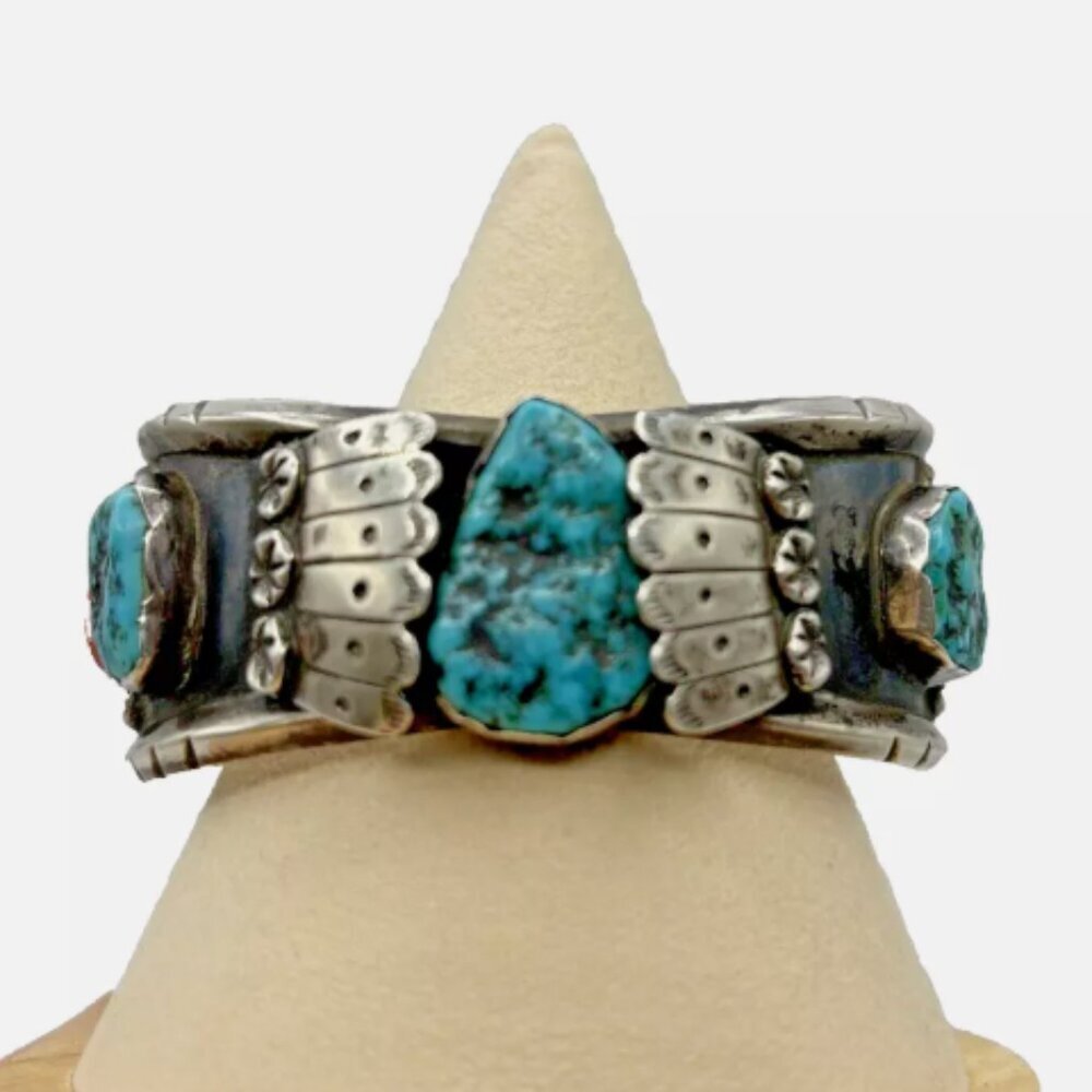 Vintage‎ ML Native American Navajo Zuni Silver Turquoise Coral Cuff Bracelet